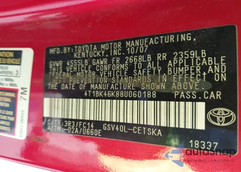 2008 Toyota Camry Se V6 из США, поврежденный, VIN 4T1BK46K88U060188